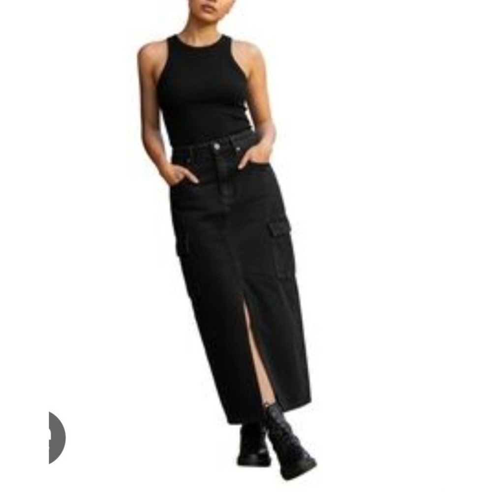NWT Sincerely Jules Cargo Pocket‎ Midi Skirt black Denim Slit Front Pencil Sz 5